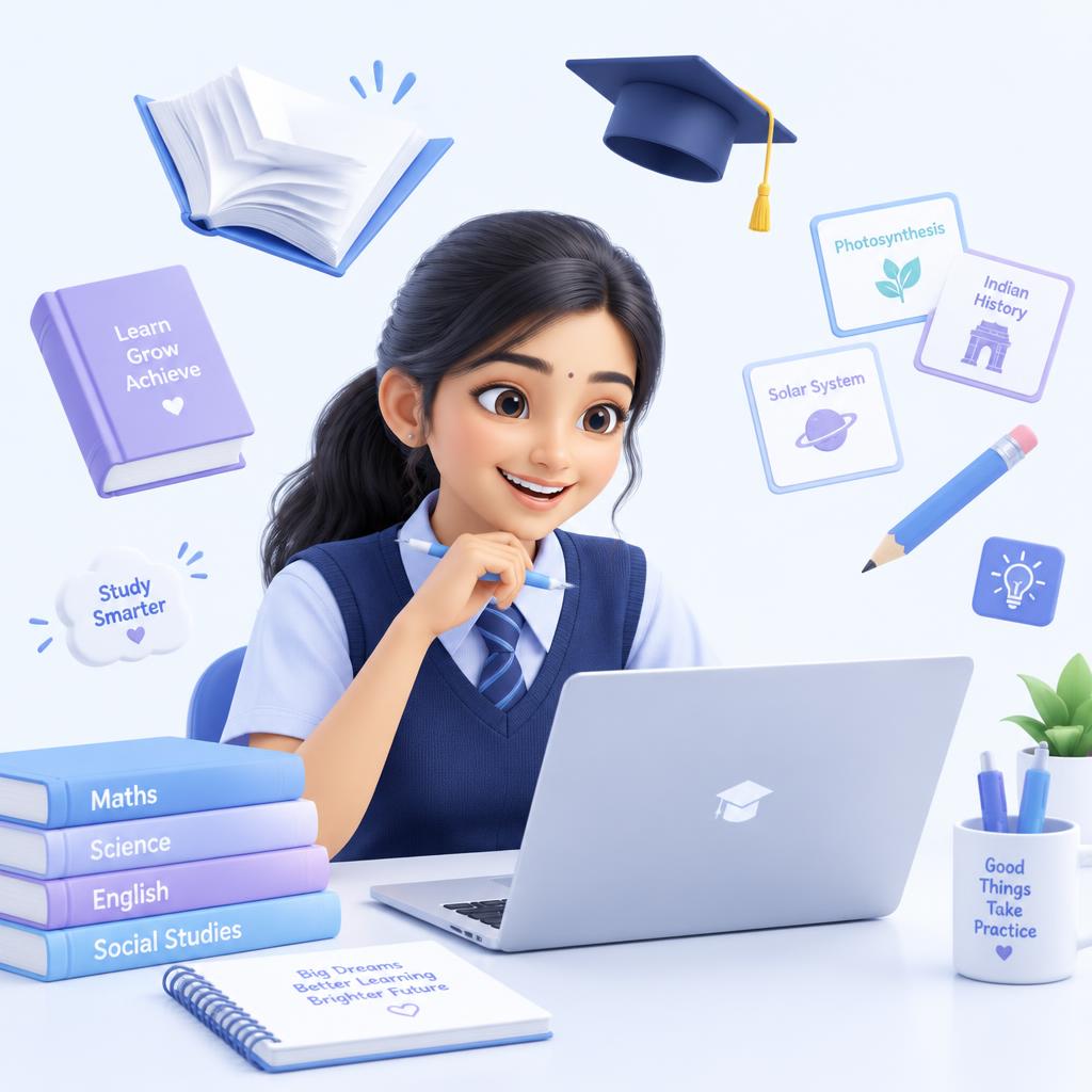 Student studying online with books and flashcards
